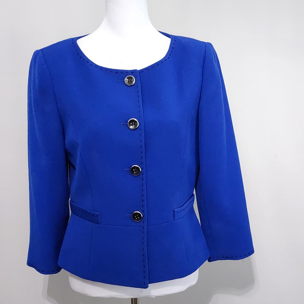 Tahari Arthur S Levine Blazer Womens 4 Blue Pick Stitch Peplum Career Office